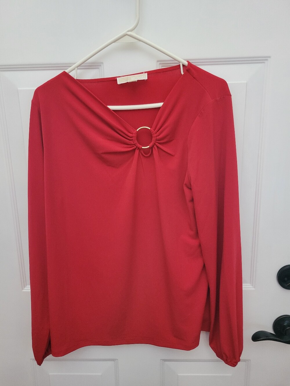 Embellished With Gold Ring Michael Kors Women's Red Long-Sleeve Ring-Detail Top